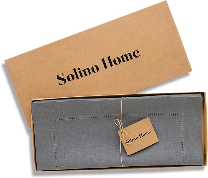 Solino Home Linen Steel Gray Table Runner 108 Inches Long - 100% Pure Linen Hemstitch 14 x 108 Inch Table Runner for Dining - Classic Hemstitch