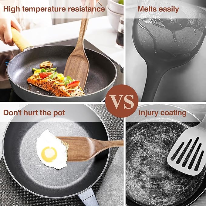 Wooden Cooking Utensils, 6 Pieces Natural Acacia Wooden Spoons For Cooking with Unique Notch & Heat Resistant Design, Non-Stick Wood Kitchen Utensil Set with Hanging Hole for Kitchen Essentials