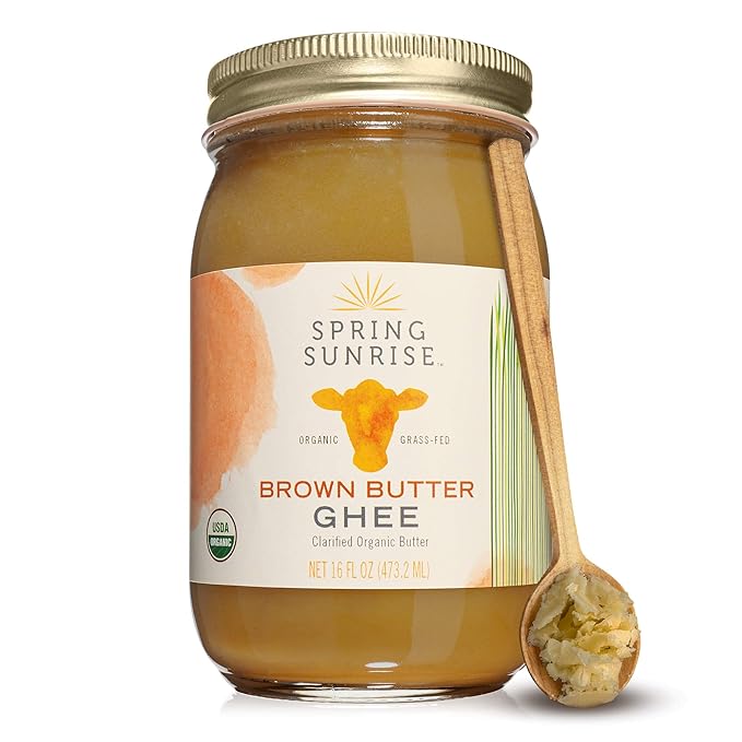 Spring Sunrise Organic Brown Ghee - Grass Fed Clarified Butter - Keto & Paleo Friendly, Lactose & Gluten Free Cooking Oil with High Smoke Point - 16 oz Jar