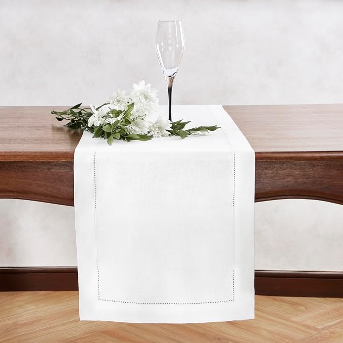 Home Ekaa Off White Table Runner 36 inches – Medium Weight Hemstitch, 100% Pure Linen Coffee Table Runner 14 x 36 Inch Ideal for Dresser Tables – Azure, Spring, Summer, Wedding Gift