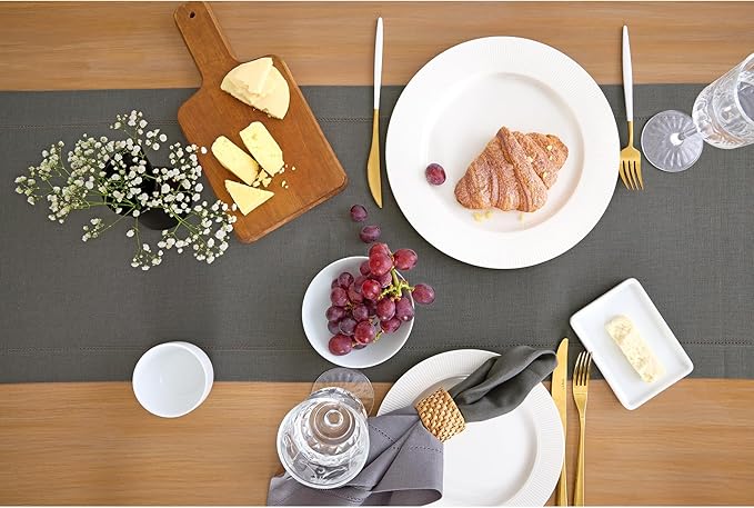 Solino Home Linen Steel Gray Hemstitch Table Runner 60 Inches - 100% Pure Linen Small Table Runner 14 x 60 Inch Ideal for Dresser and Coffee Tables - Classic Hemstitch