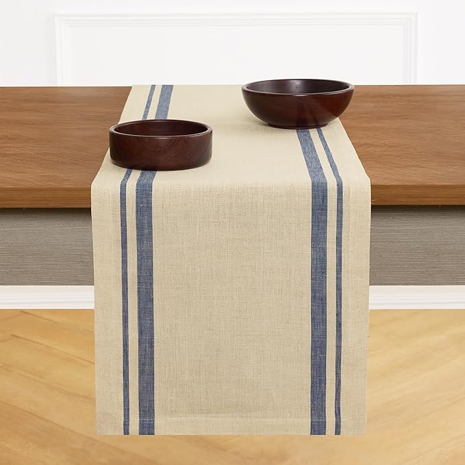 Solino Home Linen Table Runner 72 Inches Long - 100% Pure Linen Navy and Natural French Stripe Table Runner 14 x 72 Inch for Dining, Dresser