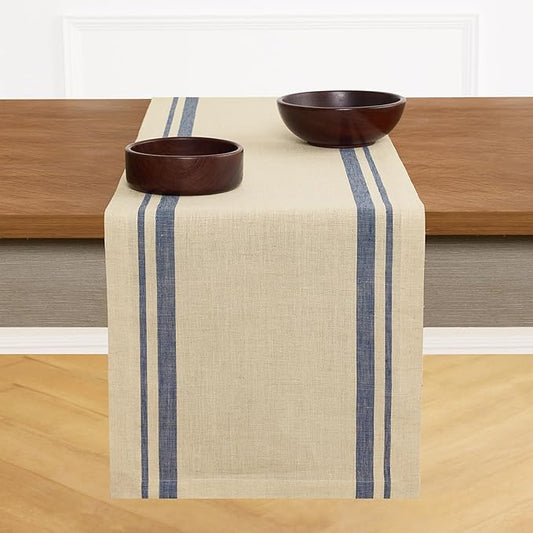 Solino Home Linen Table Runner 72 Inches Long - 100% Pure Linen Navy and Natural French Stripe Table Runner 14 x 72 Inch for Dining, Dresser