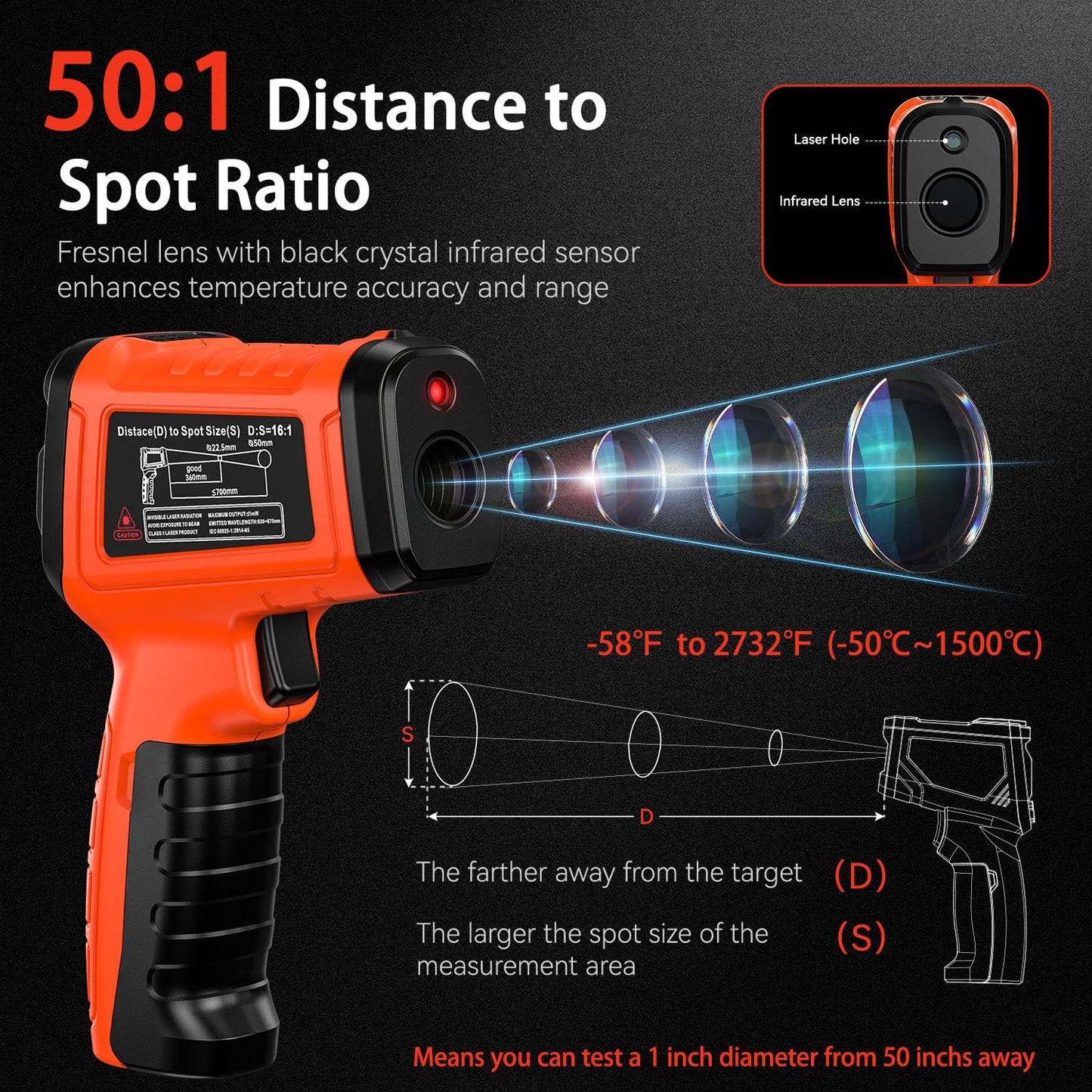 -58°F to 2732°F Infrared Thermometer IR Laser Gun 50:1, Digital Temperature Gun/K-Type Probe -4°F~932°F, Humidity Sensor, High-Temp Pyrometer for Kiln, Forge, Furnace, Industrial Use