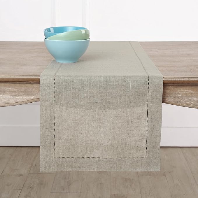 Solino Home Linen Natural Table Runner 144 Inches Long - 100% Pure Linen Extra Long Table Runner 14 x 144 Inch for Christmas, New Year - Classic Hemstitch