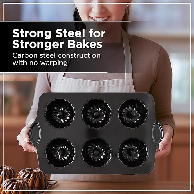Wrenbury Nonstick Mini Swirl Buntz Pan for Baking - 6 Cup Fluted Cake Tin for Small Cakes - PFOA Free and Dishwasher Safe - 3.75” Cup Width