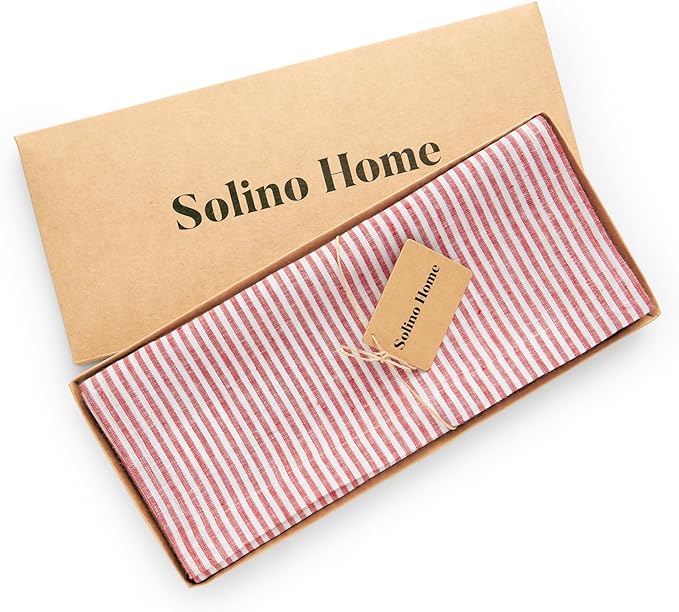 Solino Home Linen Striped Table Runner 108 Inches Long - Narrow Stripe 100% Pure Linen Red and White Dining Table Runner 14 x 108 Inch for Christmas, Holiday, Winter, New Year