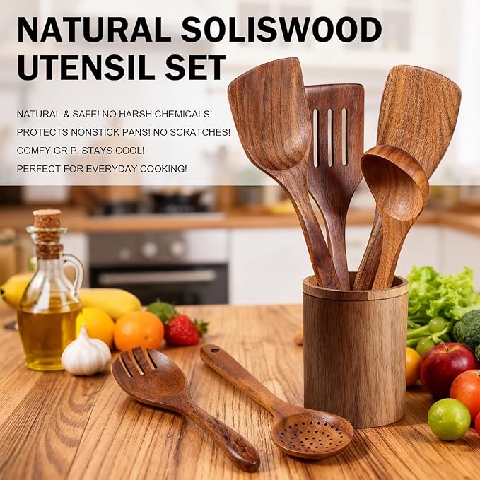 Wooden Spoons for Cooking – 6 Pcs Teak Wood Utensil Set, Durable, Nonstick Safe & Heat Resistant with Ergonomic Handles - Unique Kitchen Gifts for Women Men, Cooking Gifts for Men Women