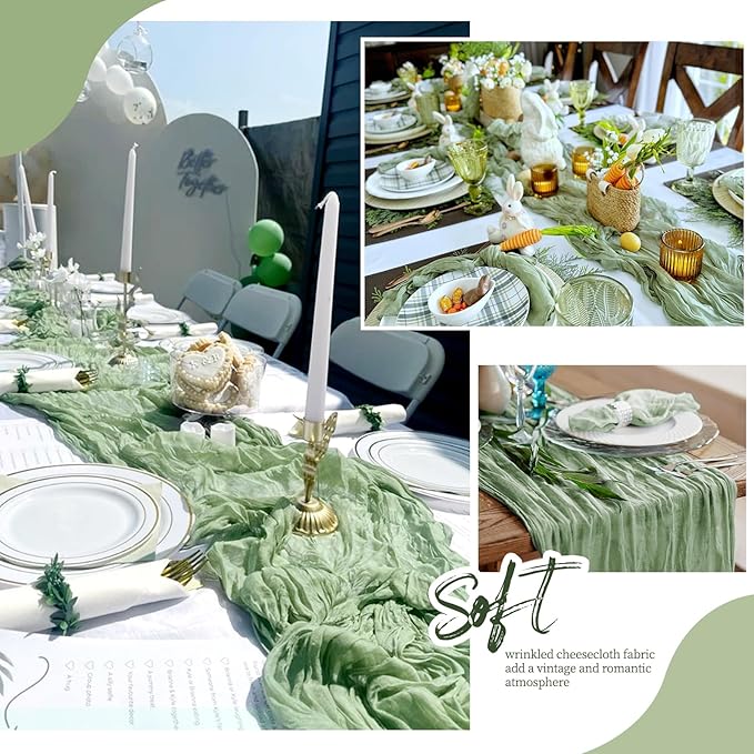 12 Pack Sage Green Cheesecloth Table Runner 17x108 Inch Semi Sheer Boho Gauze Cheese Cloth Fabric Table Runners, for Wedding Party Baby Shower Birthday Home Decor Garden Farmhouse