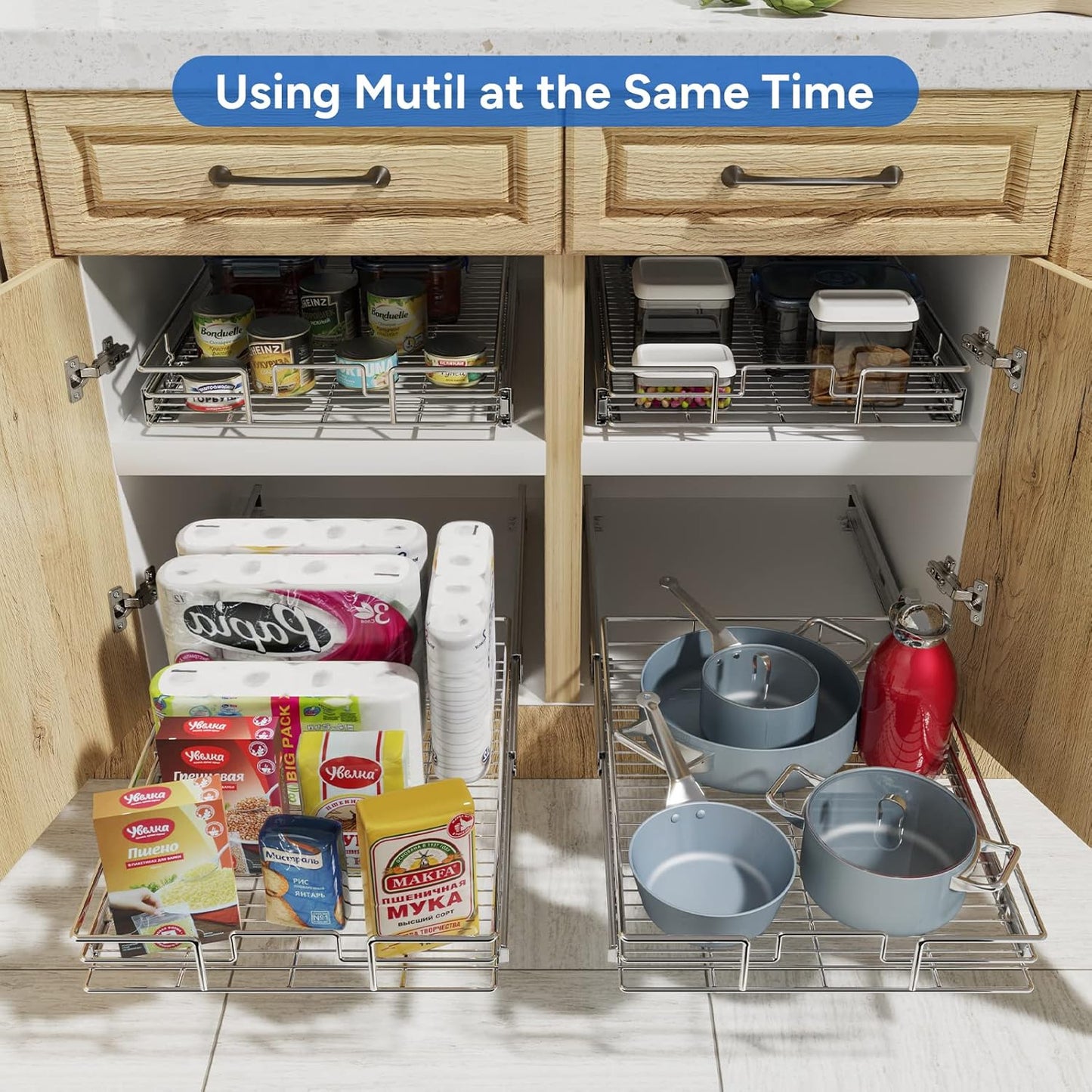 ROOMTEC Pull Out Cabinet Organizer, Cabinet Pull Out Shelves 11" W x 18" D, Heavy Duty Cabinet Drawers Slide Out Kitchen Cabinet Organizers Storage Shelf