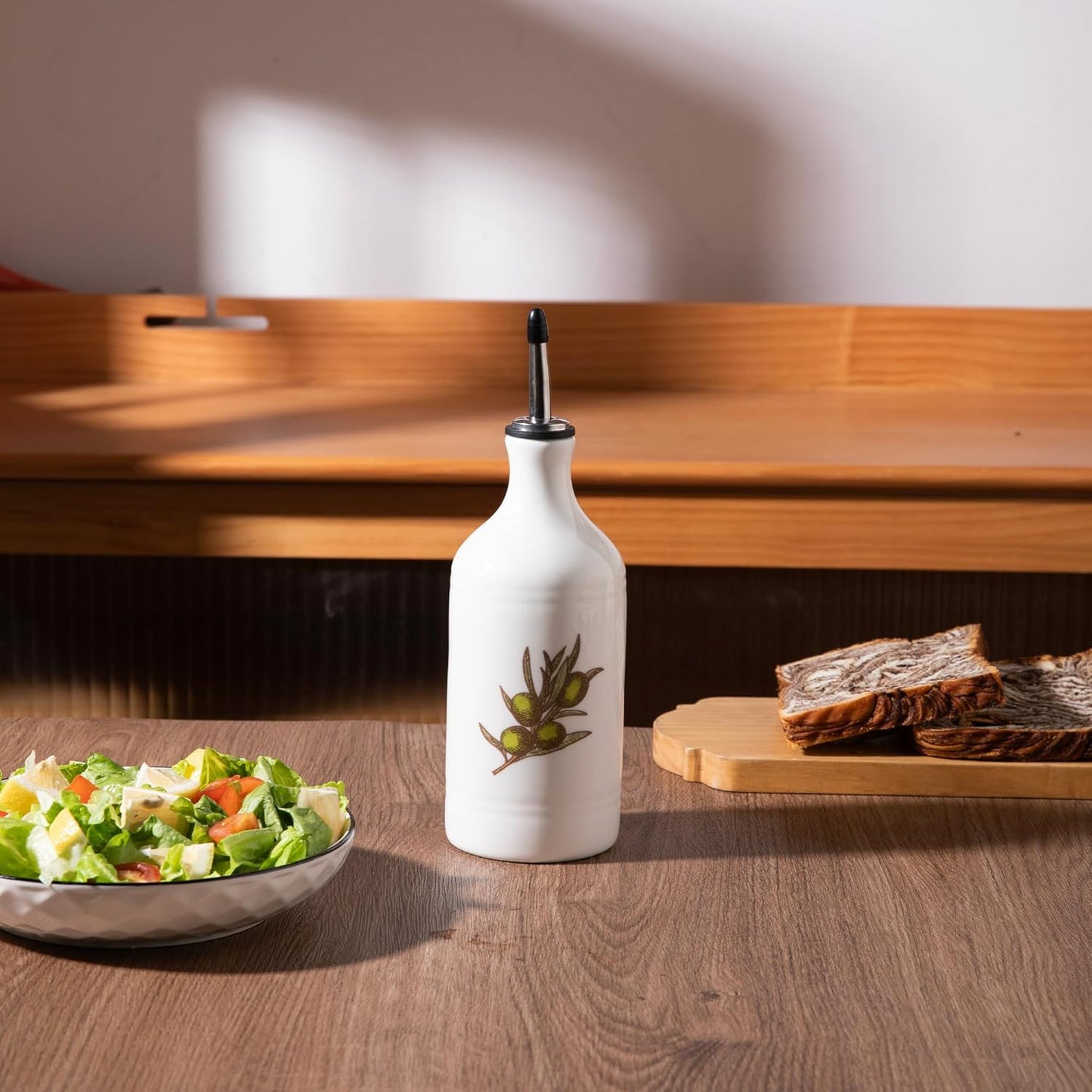Sweejar Porcelain Olive Oil Dispenser Bottle, Opaque Oil Cruet Protects Oil to Reduce Oxidation, Suitable for Storage of Oil, Vinegar, Soy Sauce and Other Liquids, Pack of 1, 15.5 Oz (Olive Leaf)