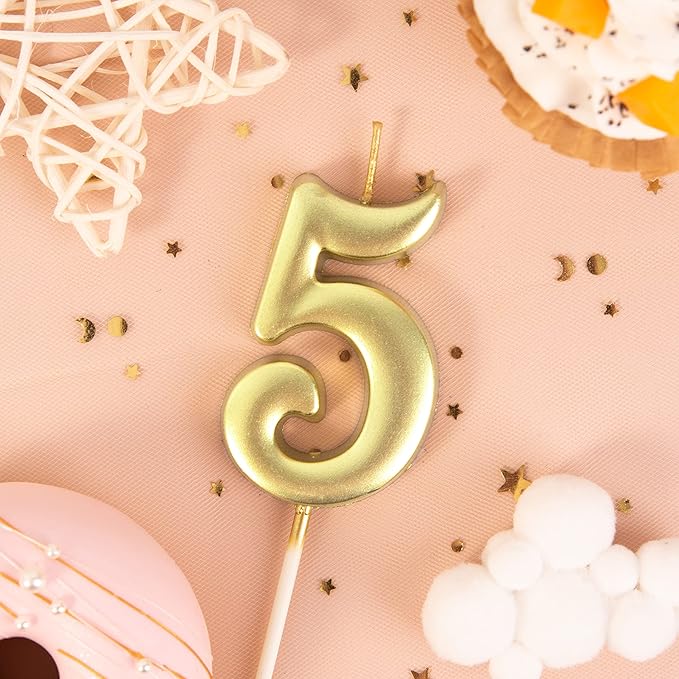 PHD CAKE 2.76 Inch Elegant Gold 5 Number Birthday Candles, Gold Number Candles, Cake Number Candles, Party Celebration