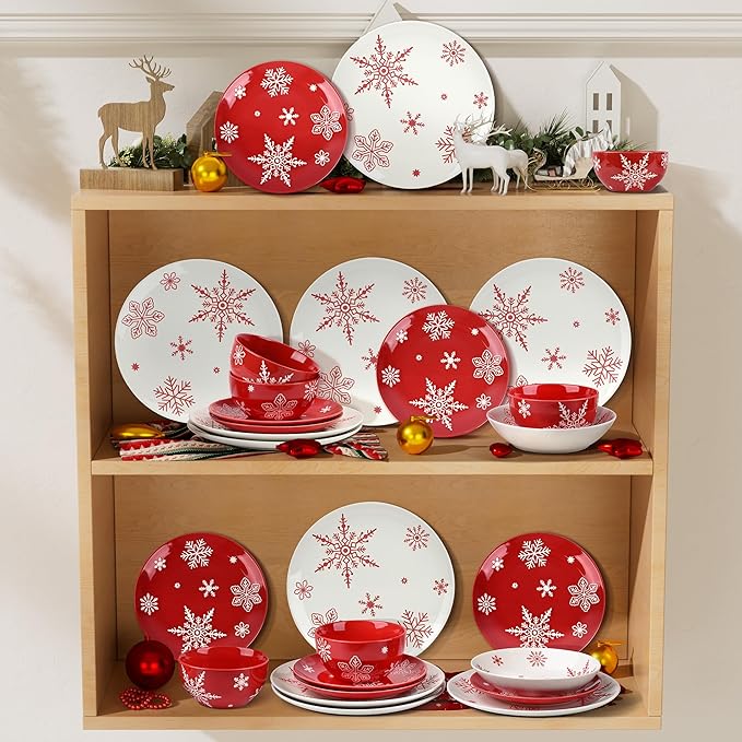 4 Pcs Christmas Cereal Bowls, 23 Oz Ceramic Bowl Set, Deep Serving Bowls, White Red Snowflake Xmas Holiday Soup Bowls for Salad, Dessert, Pasta, Ice Cream, Dishwasher and Microwave Safe