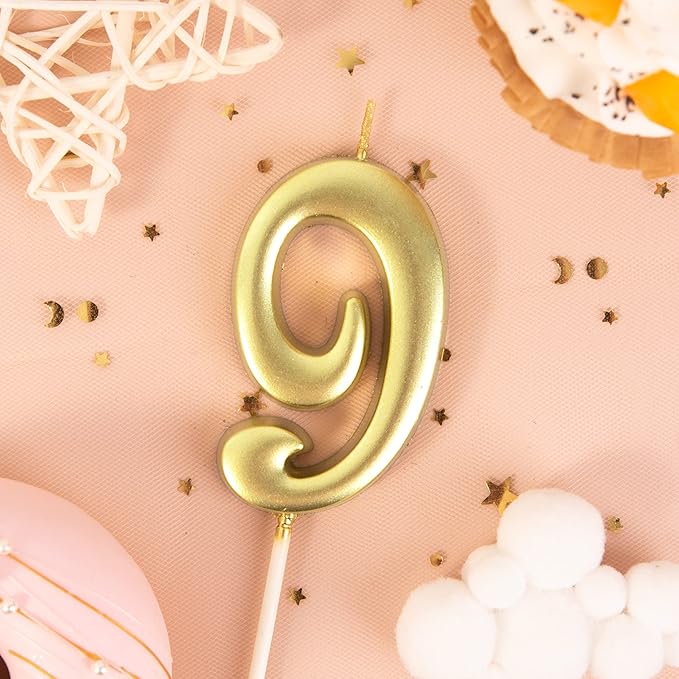PHD CAKE 2.76 Inch Elegant Gold 9 Number Birthday Candles, Gold Number Candles, Cake Number Candles, Party Celebration