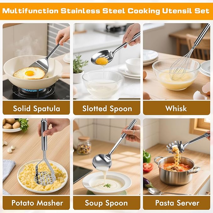 13 Pcs Stainless Steel Cooking Utensils Set, Heat Resistant Metal Kitchen Tools Include Utensil Holder, Solid & Slotted Spatula, Spoon, Ladle, Pasta Server,Potato Maseher, Egg Whisk, Meat Fork, Silver