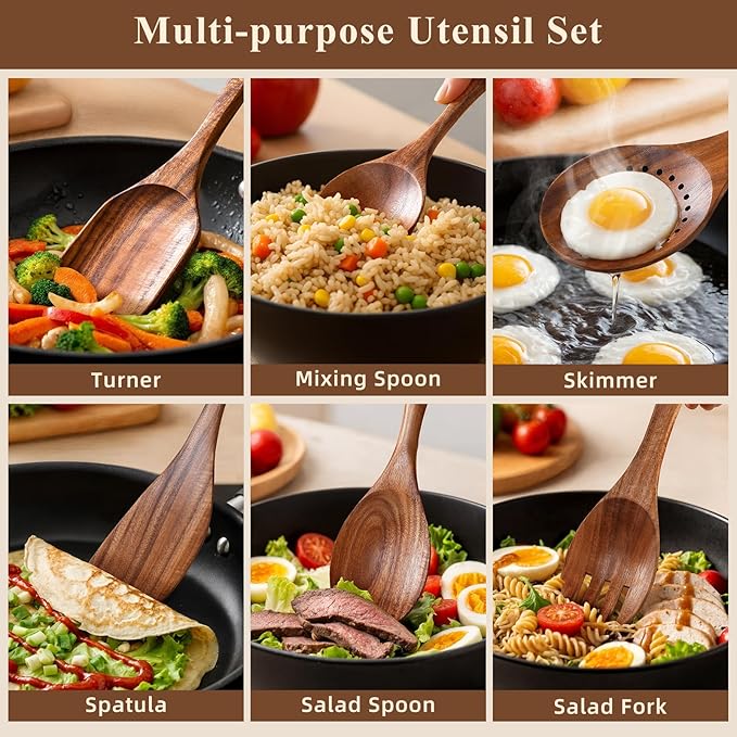 Wooden Spoons for Cooking, 12 Pcs Nonstick Wooden Cooking Utensils Set with Comfort Grip – 100% Natural Teak Wood - Sturdy, Lightweight & Heat Resistant Kitchen Utensils