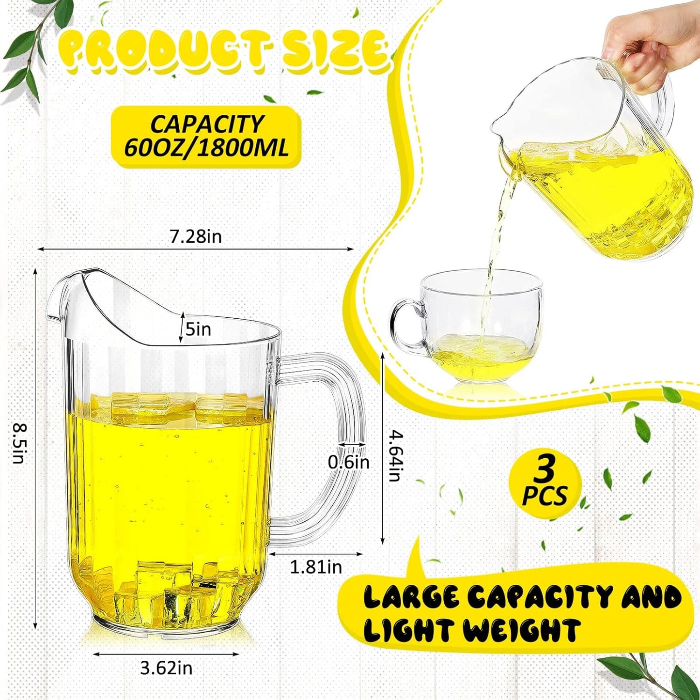 Tessco for you Plastic Pitchers 60 Ounce Clear Restaurant Jug Large Water Pitcher Carafe Serve Milk Tea Juice Drink for Parties Container Dispenser Beer Jar(3 Pcs)