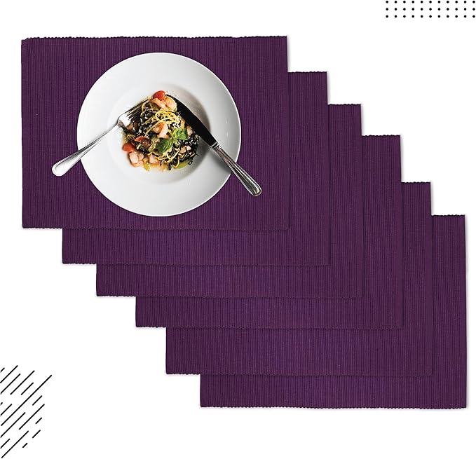 Encasa XO Dining Placemat Set of 6 | Solid Purple Color | Fine Ribbed Cotton Table mat | Size 19x13 in |for Dining Table Fall Decoration, Holiday & Christmas Festivals - Machine Washable