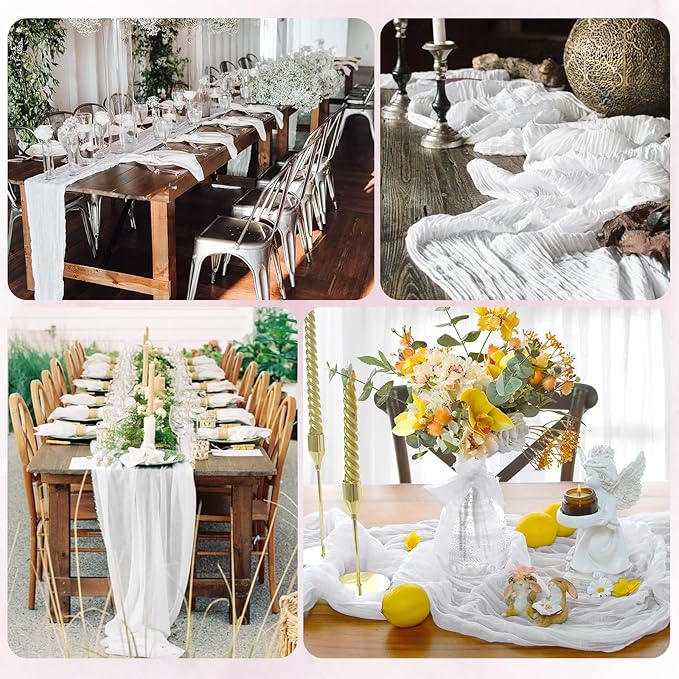6 Pack White Cheesecloth Table Runner 17x108 Inch Semi Sheer Boho Gauze Cheese Cloth Fabric Table Runners, for Wedding Party Baby Shower Birthday Home Decor Garden Farmhouse
