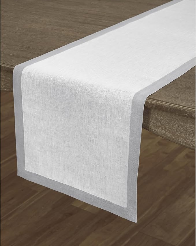 Solino Home Linen Table Runner 36 Inches - 100% Pure Linen Soft Grey and White Table Runner 14 x 36 Inch Ideal for Dresser and Coffee Tables - Christmas, Holiday, New Year - Classic