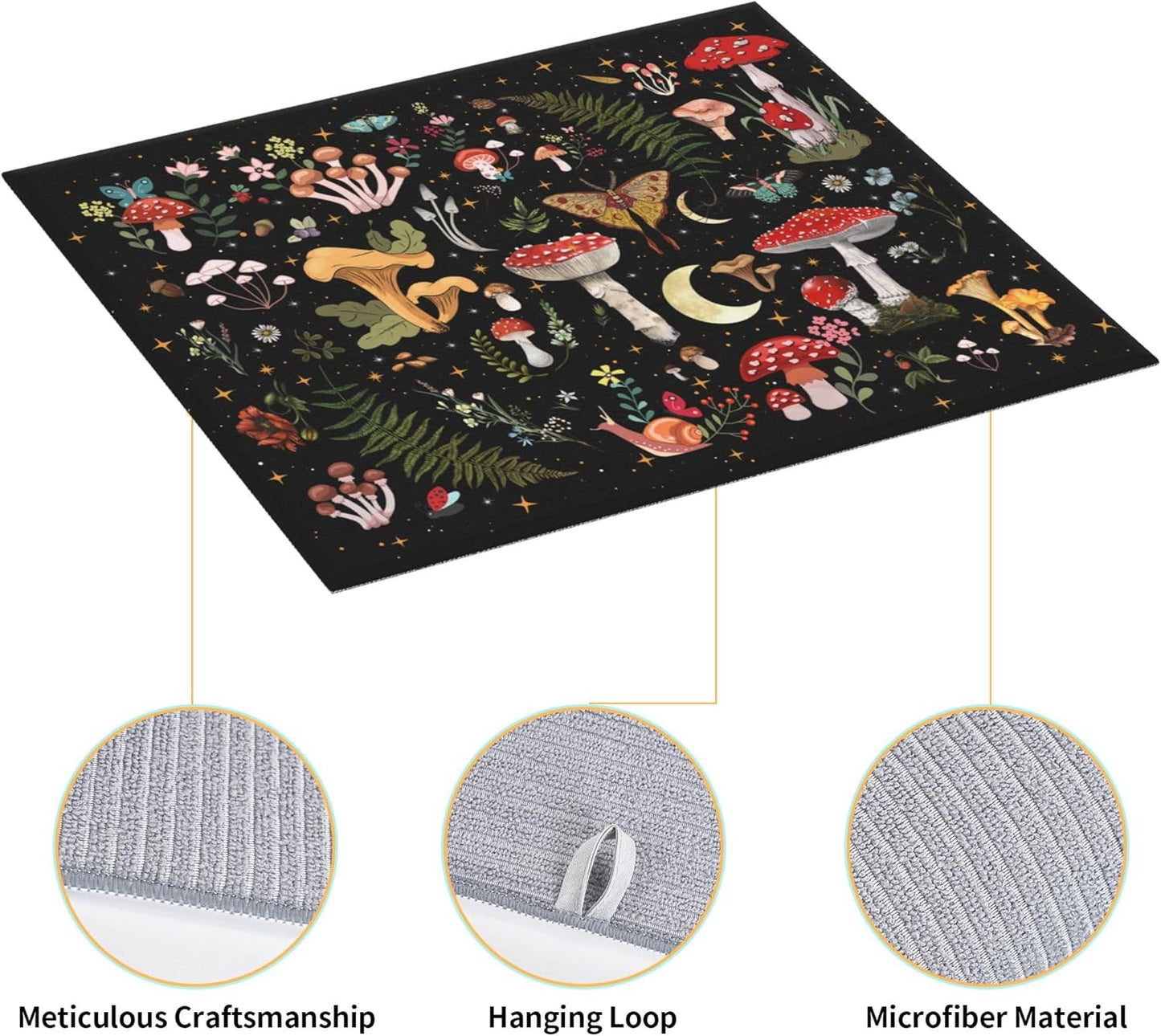Mushroom Dish Drying Mat for Kitchen Counter Moth Gothic Witchy Dish Drainer Rack Mats 16x18 Inch Absorbent Reversible Black Drying Pad