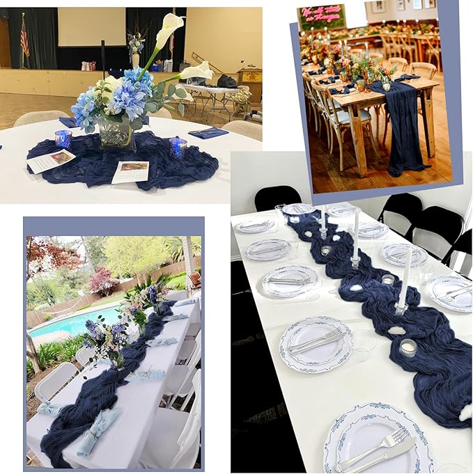 24 Pack Navy Blue Table Runners 10Ft Cheesecloth Table Runner Rustic Gauze Table Runner Romantic Long Sheer Fabric Cheese Cloth Table Runner for Wedding Party Bridal Baby Shower