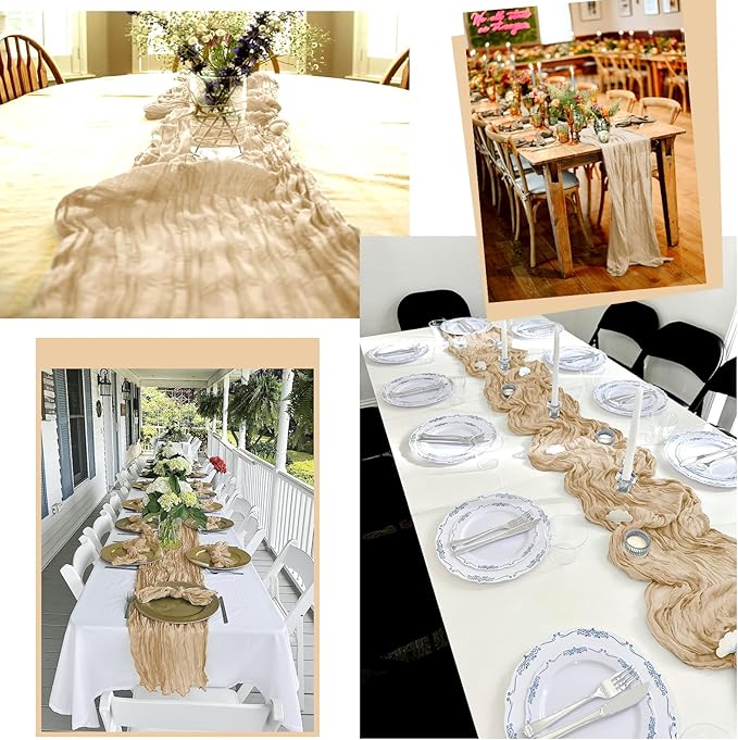 24 Pack Beige Table Runner 10Ft Cheesecloth Table Runner Rustic Gauze Table Runners Romantic Long Sheer Fabric Cheese Cloth Table Runners for Wedding Party Bridal Baby Shower