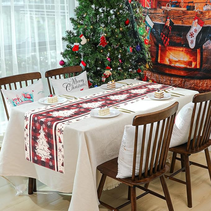 Buffalo Plaid Christmas Tree Table Runner, Red, 13x72 Inch