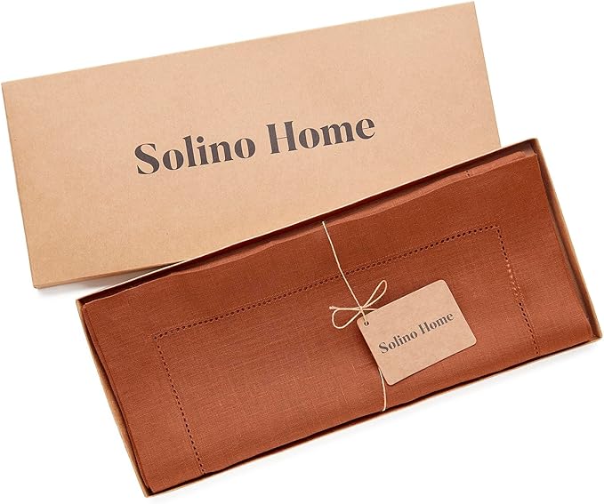 Solino Home Linen Cinnamon Table Runner 156 Inches Long - 100% Pure Linen Extra Long Table Runner 14 x 156 Inch - Classic Hemstitch