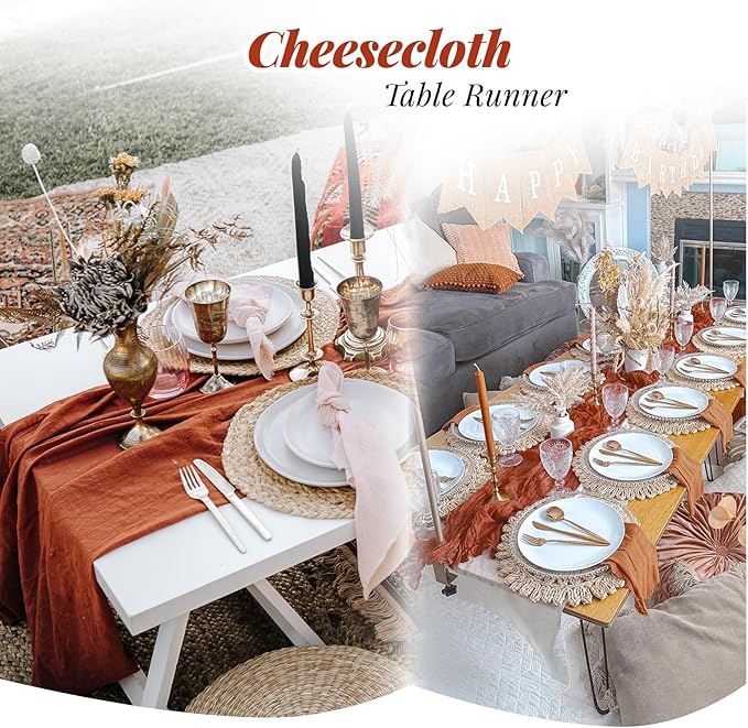 Aktor 12 Pack Terracotta Cheesecloth Table Runner 10Ft Gauze Table Runner Boho Semi Sheer Cheese Cloth Fabric Runners for Wedding Birthday Baby Shower Party Table Decoration（Terracotta）