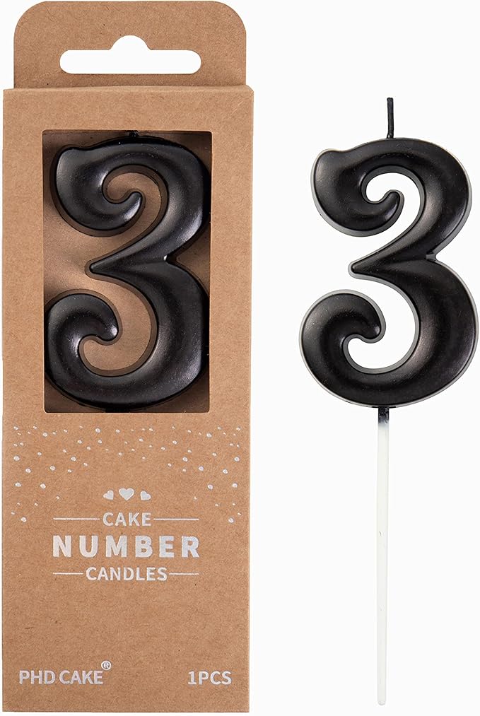 PHD CAKE 2.76 Inch Elegant Black 3 Number Birthday Candles, Black Number Candles, Cake Number Candles, Party Celebration
