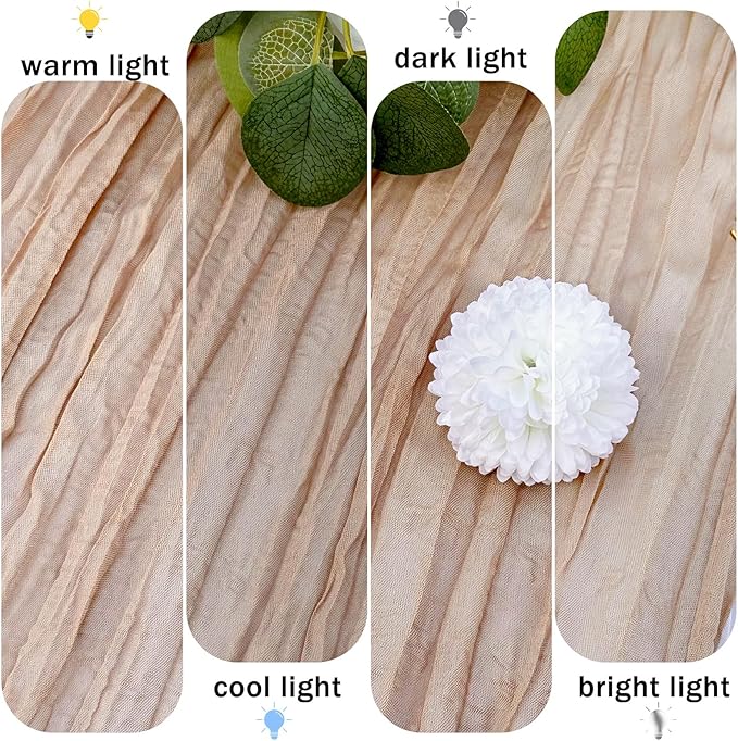 12 Pack Brown Cheesecloth Table Runner 22x120 Inch-Naturally Dyed Colors Sheer Gauze Ivory Cheese Cloth Wedding Table Runner,Rustic Boho Crinkle Fabric, Reception, Bridal Shower,Farmhouse Dining Decor