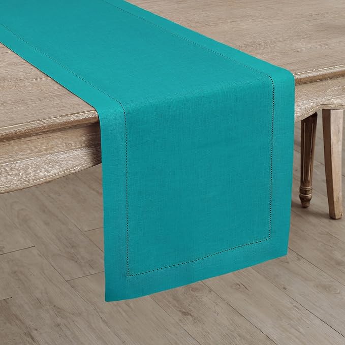 Solino Home Linen Hemstitch Table Runner 48 Inches - 100% Pure Linen Teal Table Runner 14 x 48 Inch Ideal for Dresser and Coffee Tables - Christmas, New Year - Classic Hemstitch