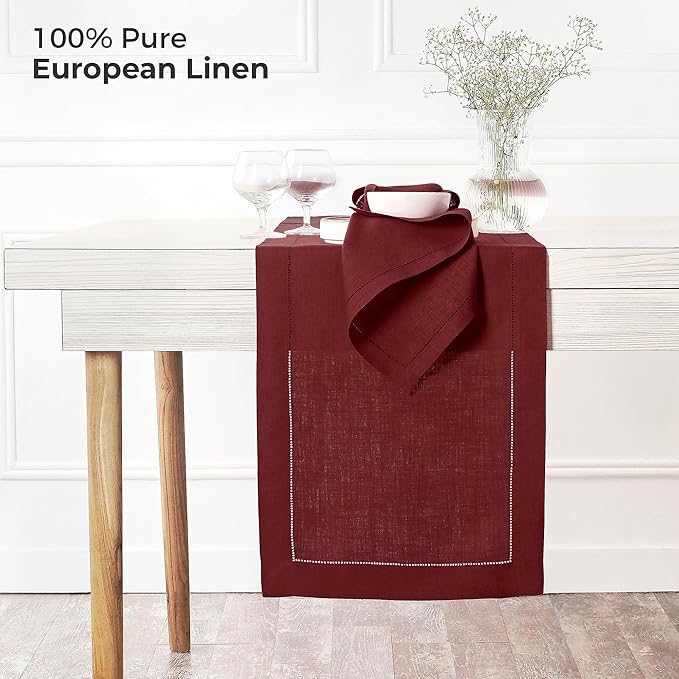 D'Moksha Homes Linen Dark Red Table Runner 60 Inches - Classic Hemstitch, 100% Pure Linen Coffee Table Runner 14 x 60 Inch Ideal for Dresser Tables - Winter, Christmas, Holiday, New Year