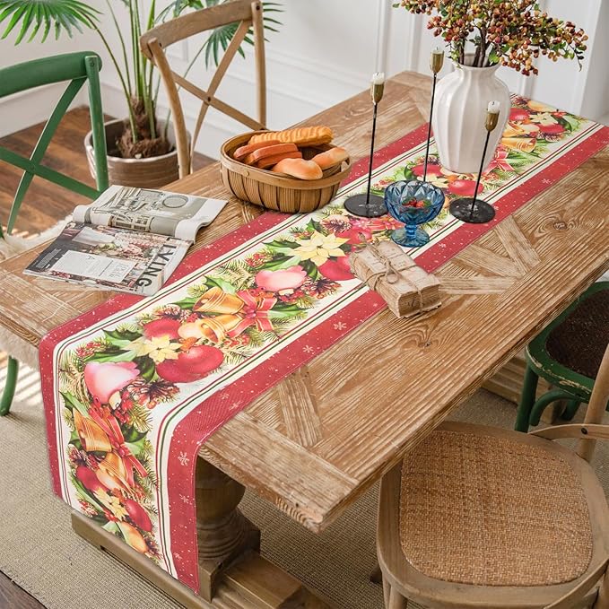 Christmas Table Runner,Red Flower Poinsettia Bells Christmas Runners Table Decoration for Indoor Outdoor Home Party Decor 13x72 Inch (Christmas Bells)