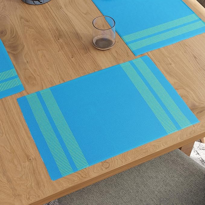 Encasa XO Dining Placemat Set of 6 | Solid Ladder Turq Blue Color | Fine Ribbed Cotton Table mat | Size 18x13 in |for Dining Table Fall Decoration, Holiday & Christmas Festivals - Machine Washable