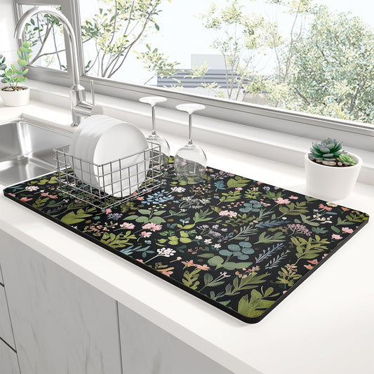 Rnivvi Dish Drying Mat for Kitchen Counter, XL 15 x 24" Cute Flower Theme Super Absorbent Drainer Pad, Non-Slip Heat Resistant Coffee Bar Mat for Coffee Machine Station Accessories,Black Dish Rack Pad