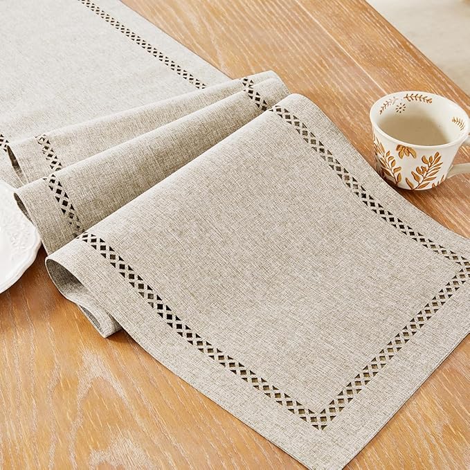 Burlap Style Farmhouse Table Runner, 13 x 72 Inch Coffee, Rustic Geometric Hollow Table Runners 72 Inches Long for Dresser Table Everyday Use, 13x72 Inches, Coffee