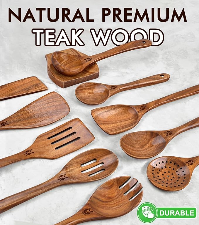 12 Pcs Teak Wooden Utensil Set with Holder & Spoon Rest, Wooden Spoons for Cooking with Comfort Grip, Wooden Cooking Utensils Set for Nonstick Cookware, Lightweight & Heat Resistant Kitchen Utensils