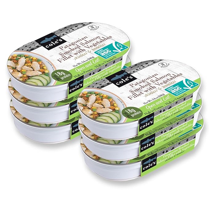 COLE’S - Patagonian Smoked Salmon Fillet with Vegetables| Ready to Eat Meal | 5.6 oz Canned & Hand-Packed | 19g Protein | High in Vitamin D | 6 Pack