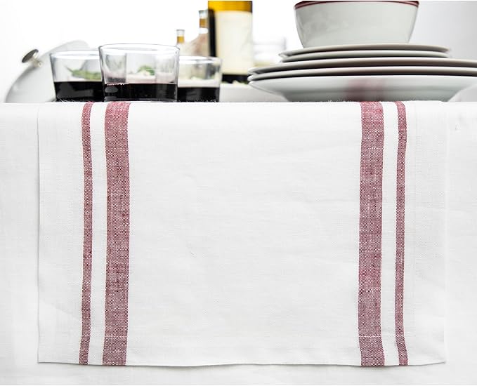 Solino Home Linen Table Runner 108 Inches Long - French Stripe, 100% Pure Linen Burgundy and White Farmhouse Table Runner 16 x 108 Inch Ideal for Dining, Christmas