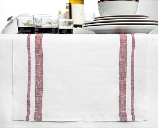 Solino Home Linen Table Runner 108 Inches Long - French Stripe, 100% Pure Linen Burgundy and White Farmhouse Table Runner 16 x 108 Inch Ideal for Dining, Christmas