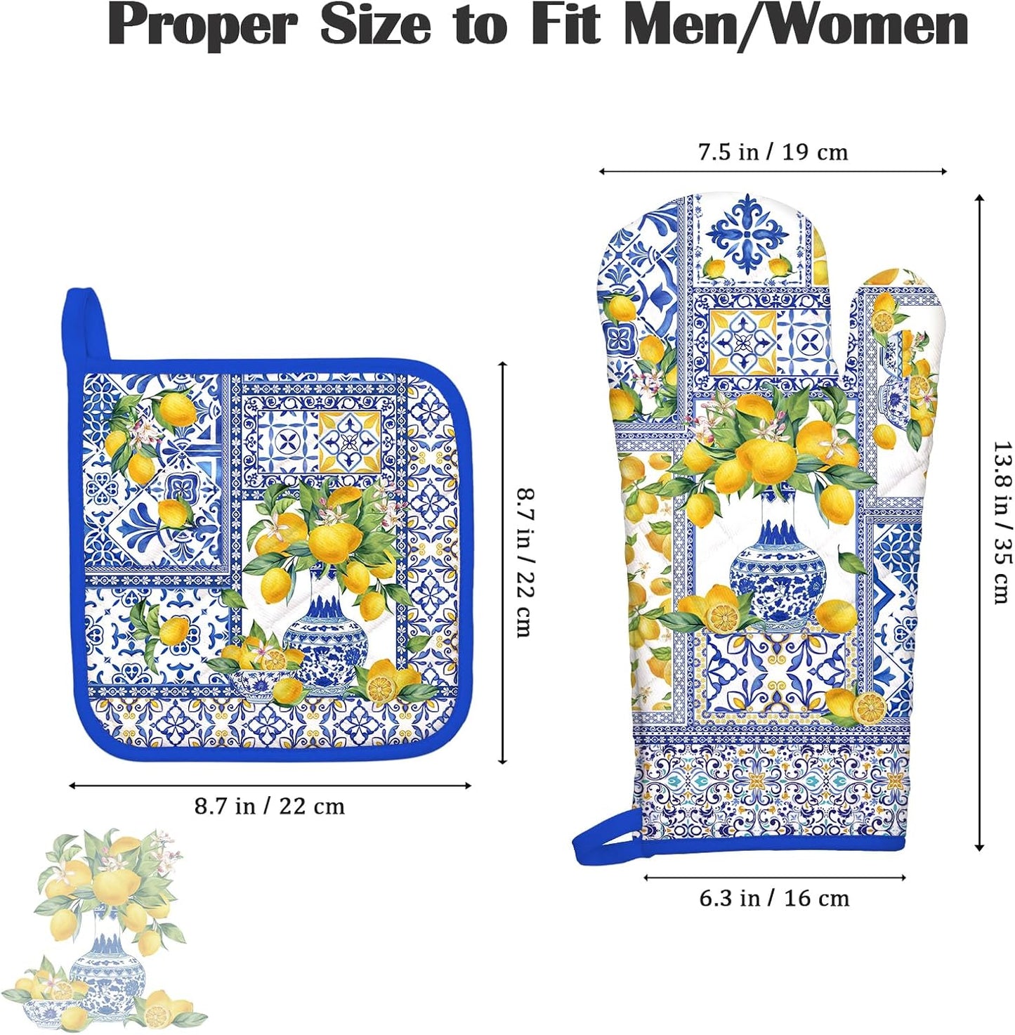 Yellow Lemon Oven Mitts and Pot Holders Sets 2Pcs, 100% Cotton Heat Resistant, Extra Long Oven Gloves Potholder for Kitchen Cooking Baking Decoration