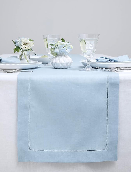 Solino Home Linen Sky Blue Table Runner 48 Inches - Classic Hemstitch, 100% Pure Linen Coffee Table Runner 14 x 48 Inch Ideal for Dresser Tables - Holiday, Christmas, New Year