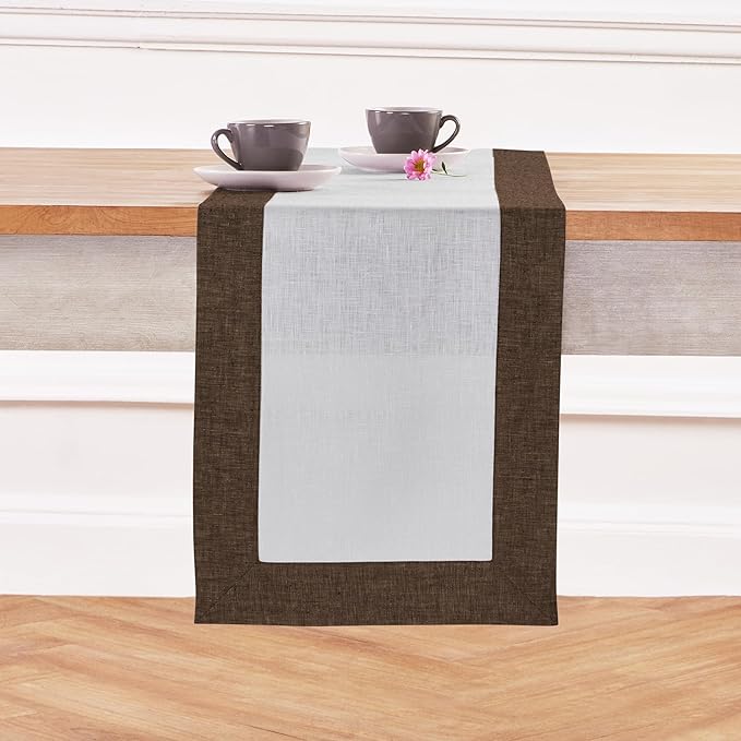 Solino Home Linen Table Runner 60 Inches - 100% Pure Linen Chambray Brown and White Table Runner 14 x 60 Inch Ideal for Dresser and Coffee Tables - Contempo