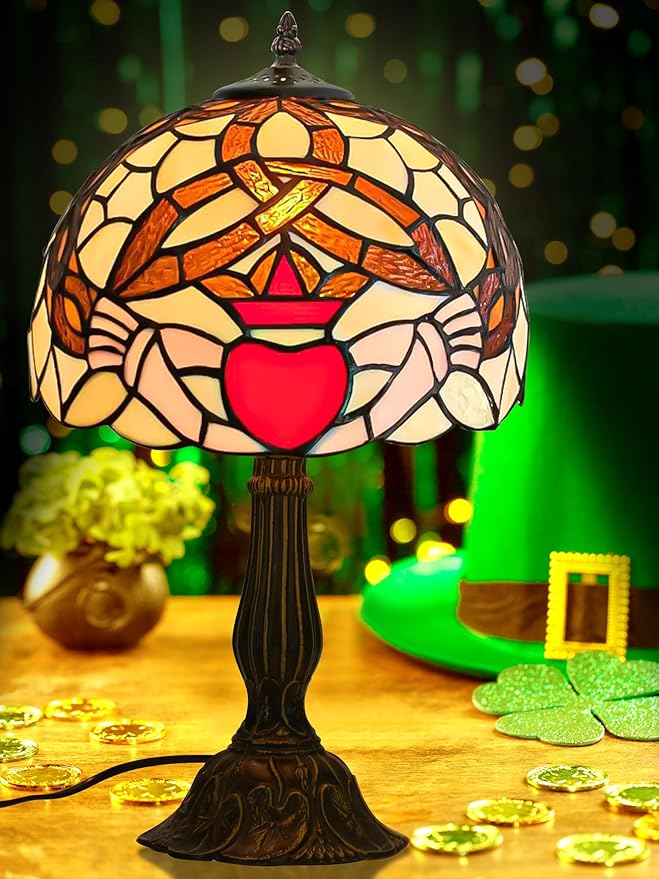 KY&BOSAM Tiffany Table Lamps Irish Gold Crown Celtic Style17500 Lumens Desk Lights Stained Glass Shade + UL E26 Lamp Holder+Zinc Base 12*12*19 Inch Living Room Bedroom St Patrick's Day Memory Decor