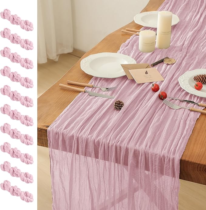 Leetaltree 10 Pack Pink Cheesecloth Table Runner, 35x120 Inch Boho Rustic Cheese Cloth Table Runner, Decorative Table Runners for Bridal Baby Shower Decorations or Wedding Table Decorations