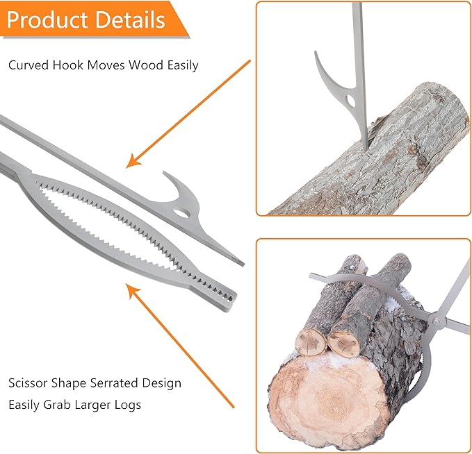 Stainless Steel Fire Pit Tools Set with 40" Fire Poker and Log Tongs, Fireplace Tools with Sturdy Stand Base, Firewood Log Grabber for Campfire Backyard Bonfire Wood Stove Indoor&Outdoor