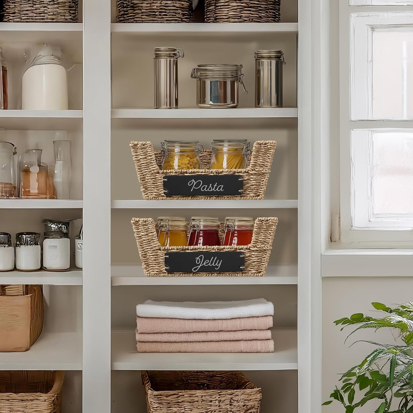 Casafield Set of 2 Seagrass Pantry Baskets with Handles, Chalkboard Labels and Marker - Natural, Wide Woven Storage Bin Organizers for Kitchen Shelves