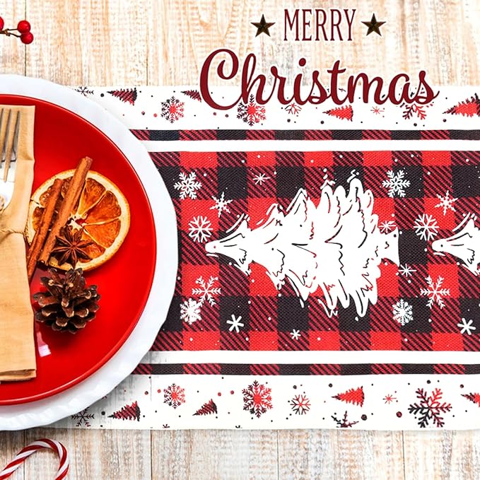 Buffalo Plaid Christmas Tree Table Runner, Red, 13x72 Inch